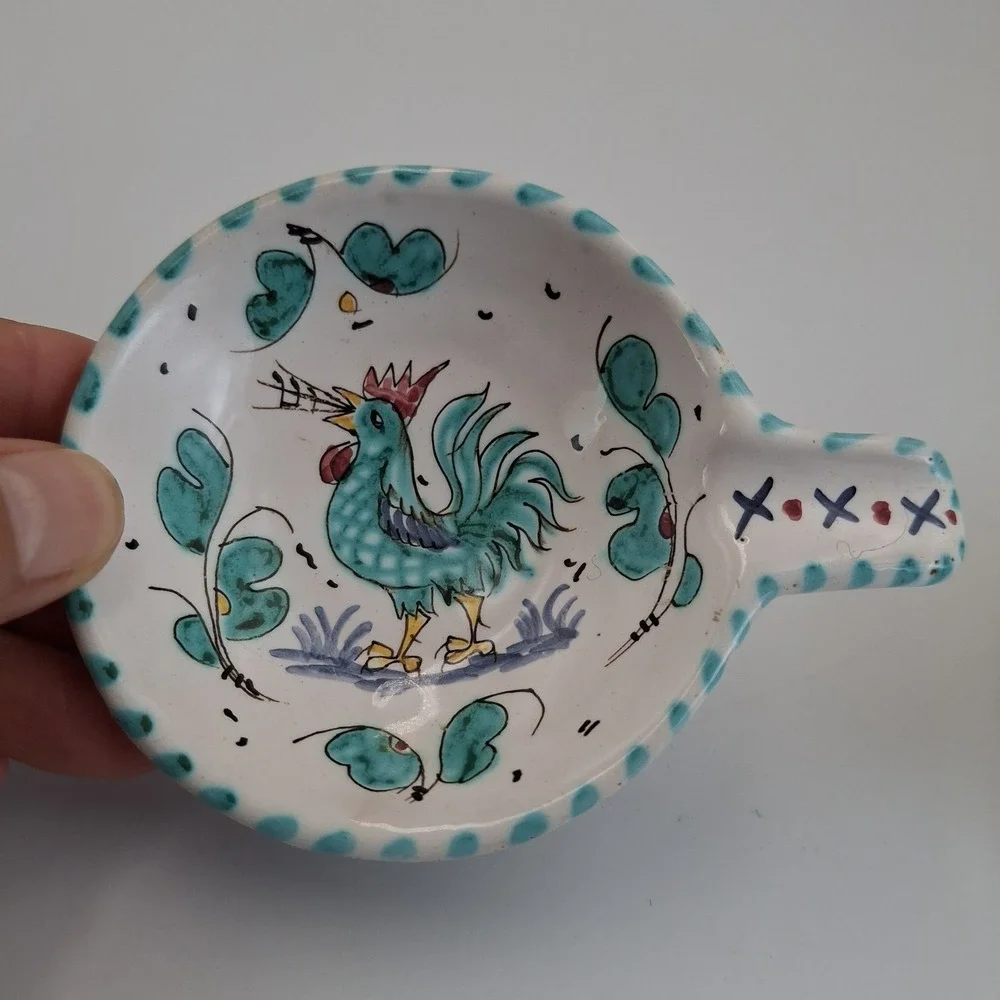 Vintage PV Italy Rooster Dipping Bowls Tea Bag Holders Hand‎ Painted Set Of 2
